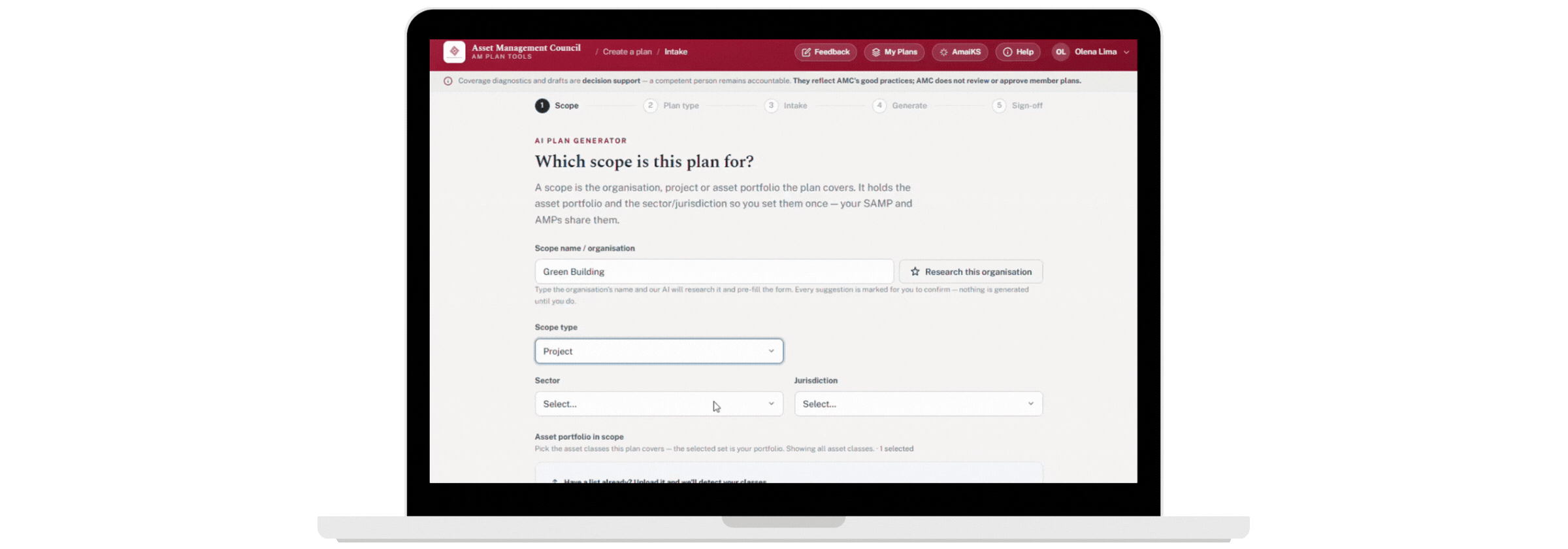 Screen recording of the plan-writer: entering a scope name, type, sector and jurisdiction