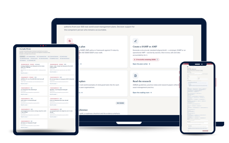 AM Plan Tools shown on laptop, tablet and phone: the home screen, the exemplar library and the plan intake form